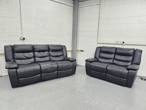 Black Leather 3 and 2 Seater Recliner Sofas with Cup Holders - Image 3