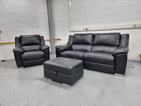 Toon's Black Full Leather 3 and 1 Seater Recliner Sofa and Chair with Ottoman - Image 3