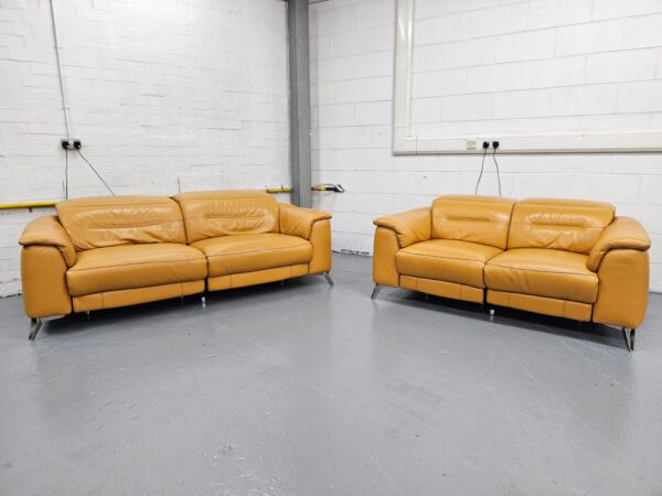 Sofology Tan Leather 3 and 2 Seater Electric Recliner Sofas with Electric Headrest