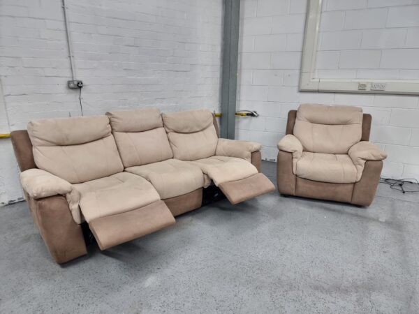 Dfs Two-Tone Cream Suede 3 and 1 Seater Recliner Sofa and Chair - Image 4