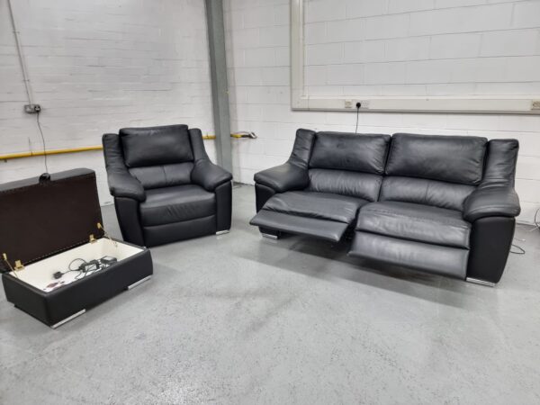 Toon's Black Full Leather 3 and 1 Seater Recliner Sofa and Chair with Ottoman - Image 5
