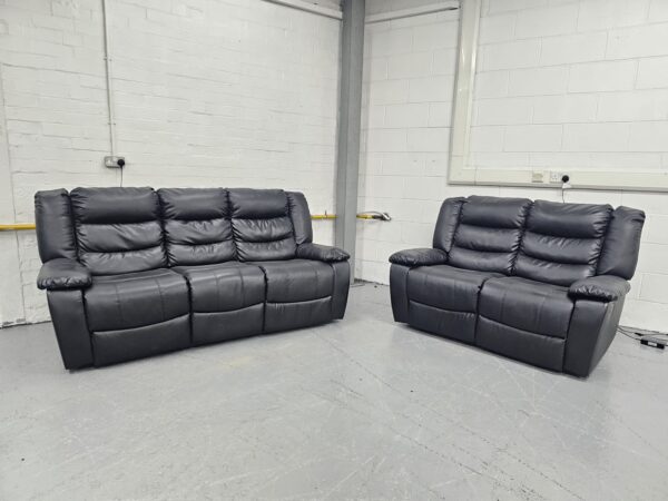 Black Leather 3 and 2 Seater Recliner Sofas with Cup Holders