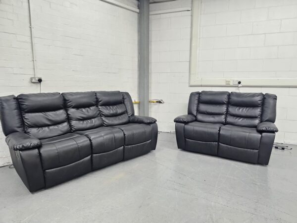 Black Leather 3 and 2 Seater Recliner Sofas with Cup Holders - Image 2