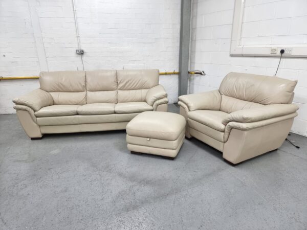 Oak Furniture Land Cream Leather 3 and 1 Seater Sofa and Chair with Ottoman - Image 3