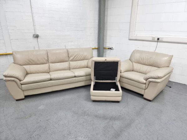 Oak Furniture Land Cream Leather 3 and 1 Seater Sofa and Chair with Ottoman - Image 5