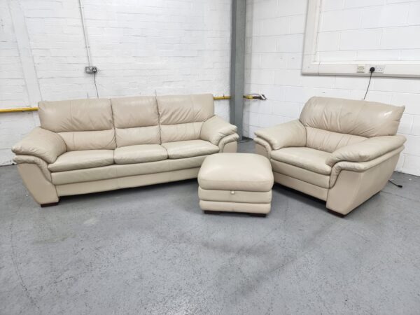 Oak Furniture Land Cream Leather 3 and 1 Seater Sofa and Chair with Ottoman