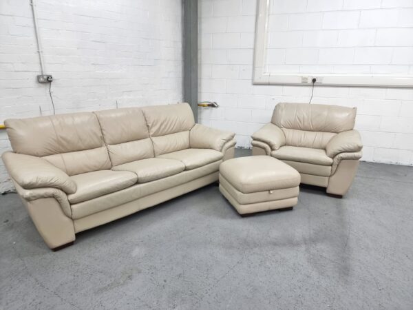 Oak Furniture Land Cream Leather 3 and 1 Seater Sofa and Chair with Ottoman - Image 4