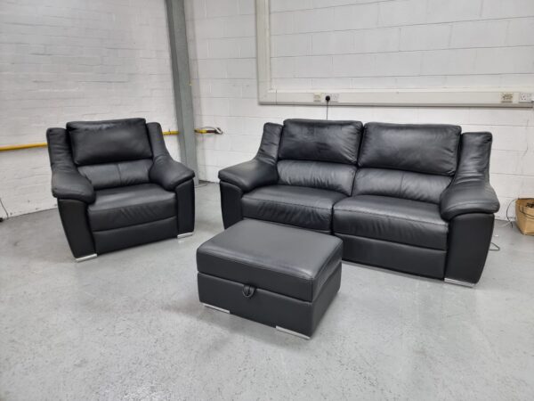 Toon's Black Full Leather 3 and 1 Seater Recliner Sofa and Chair with Ottoman