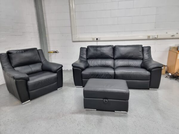 Toon's Black Full Leather 3 and 1 Seater Recliner Sofa and Chair with Ottoman - Image 4