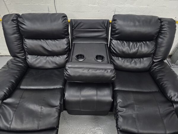 Black Leather 3 and 2 Seater Recliner Sofas with Cup Holders - Image 7
