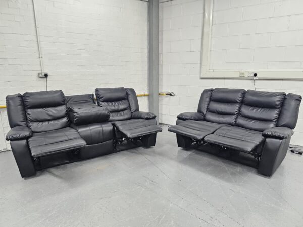 Black Leather 3 and 2 Seater Recliner Sofas with Cup Holders - Image 4
