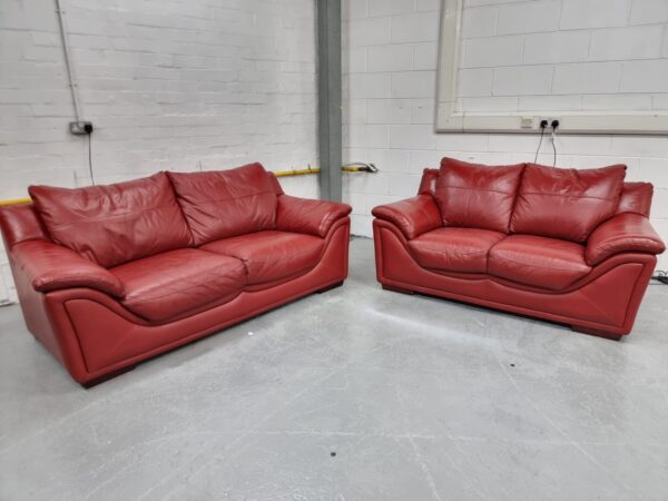 Red Full Leather 3 and 2 Seater Sofas - Image 4