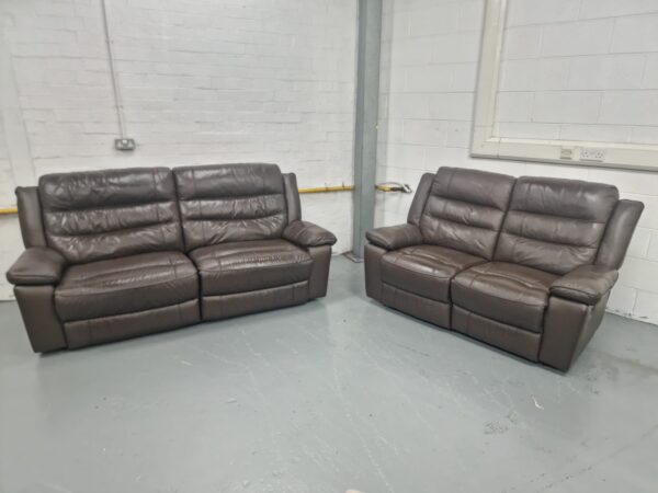 Scs Brown Leather 3 and 2 Seater Manual Recliner Sofas