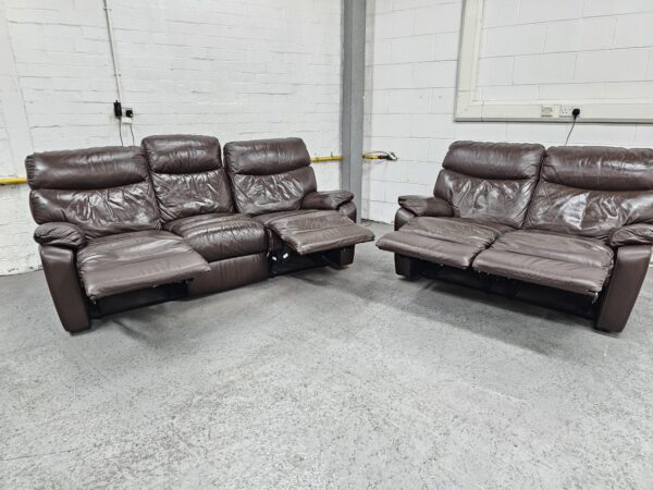 Harvey’s Brown Leather 3 and 2 Seater Manual Recliner Sofas - Image 3