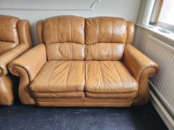 Italian Tan Leather 2 and 1 Seater Sofa and Chair - Image 2