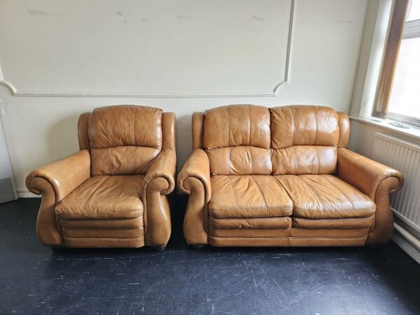 Italian Tan Leather 2 and 1 Seater Sofa and Chair