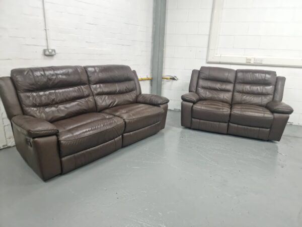 Scs Brown Leather 3 and 2 Seater Manual Recliner Sofas - Image 2