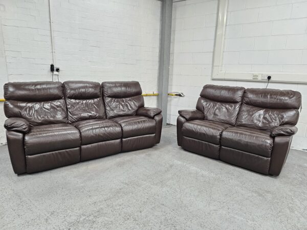 Harvey’s Brown Leather 3 and 2 Seater Manual Recliner Sofas