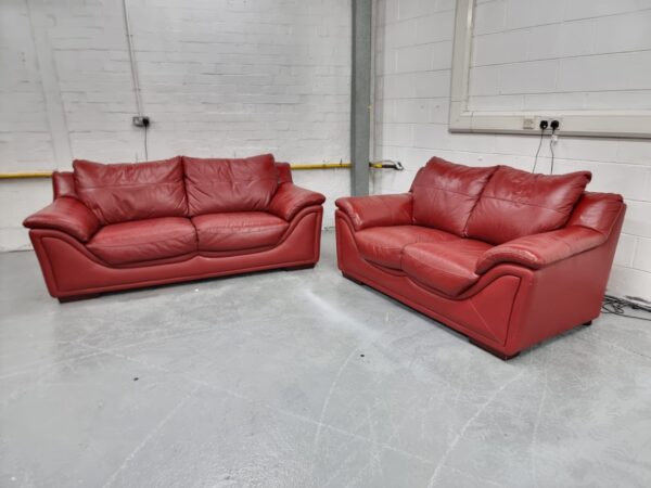 Red Full Leather 3 and 2 Seater Sofas - Image 2