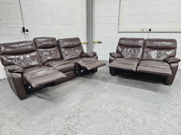 Harvey’s Brown Leather 3 and 2 Seater Manual Recliner Sofas - Image 4