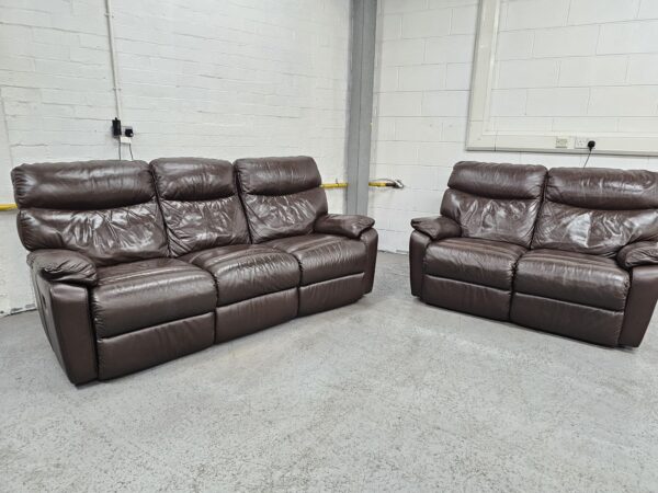Harvey’s Brown Leather 3 and 2 Seater Manual Recliner Sofas - Image 2