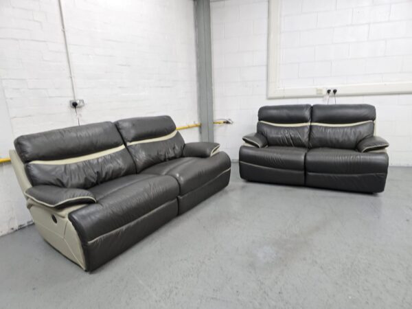 Lazyboy Raleigh Two-Tone Grey Leather 3 and 2 Seater Electric Recliner Sofas with USB - Image 2