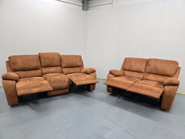 Tan Suede 3 and 2 Seater Manual Recliner Sofas - Image 3