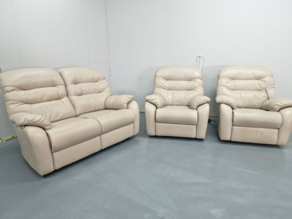 G Plan Light Grey Full Leather 3 Piece Suite Recliner Sofa and Chairs - Image 2