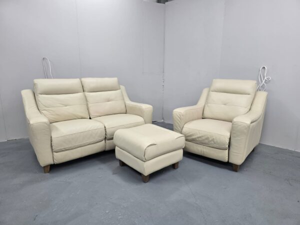 Furniture Village Cream Leather 2 and 1 Seater Electric Recliner Sofa and Chair with Footstool