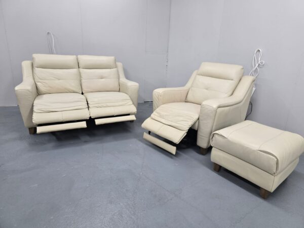 Furniture Village Cream Leather 2 and 1 Seater Electric Recliner Sofa and Chair with Footstool - Image 5