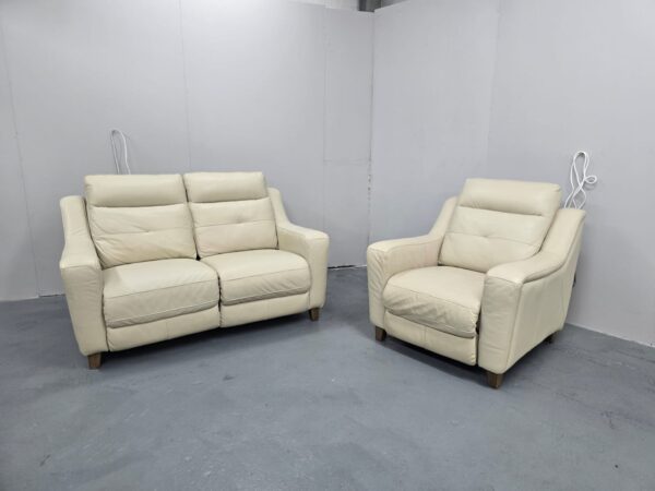 Furniture Village Cream Leather 2 and 1 Seater Electric Recliner Sofa and Chair with Footstool - Image 4