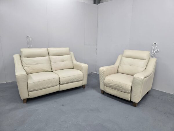 Furniture Village Cream Leather 2 and 1 Seater Electric Recliner Sofa and Chair with Footstool - Image 2