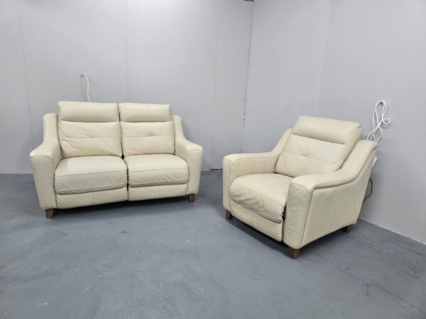 Furniture Village Cream Leather 2 and 1 Seater Electric Recliner Sofa and Chair with Footstool - Image 3