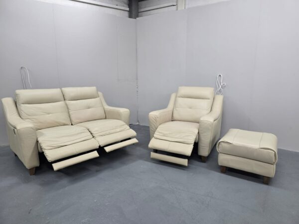 Furniture Village Cream Leather 2 and 1 Seater Electric Recliner Sofa and Chair with Footstool - Image 7