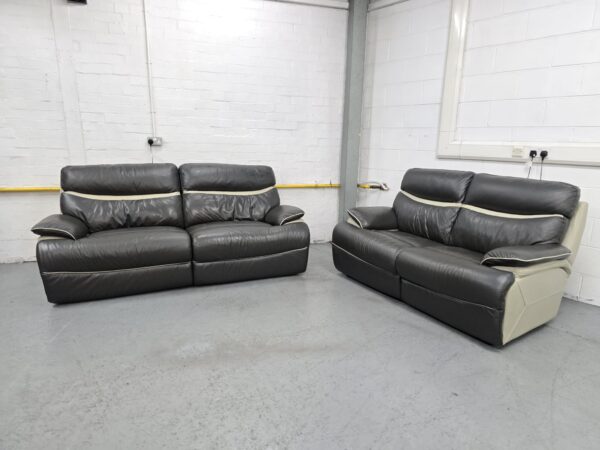Lazyboy Raleigh Two-Tone Grey Leather 3 and 2 Seater Electric Recliner Sofas with USB