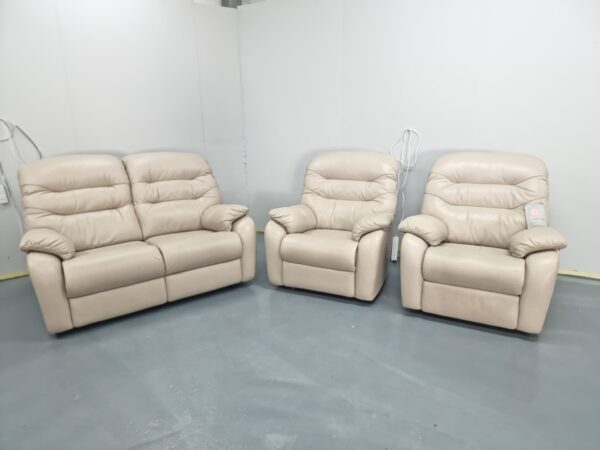 G Plan Light Grey Full Leather 3 Piece Suite Recliner Sofa and Chairs