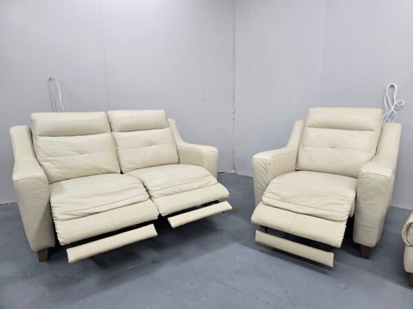 Furniture Village Cream Leather 2 and 1 Seater Electric Recliner Sofa and Chair with Footstool - Image 6