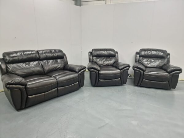 Black Full Premium Quality Leather 3 Piece Suite Recliner Sofa and Chairs - Image 2