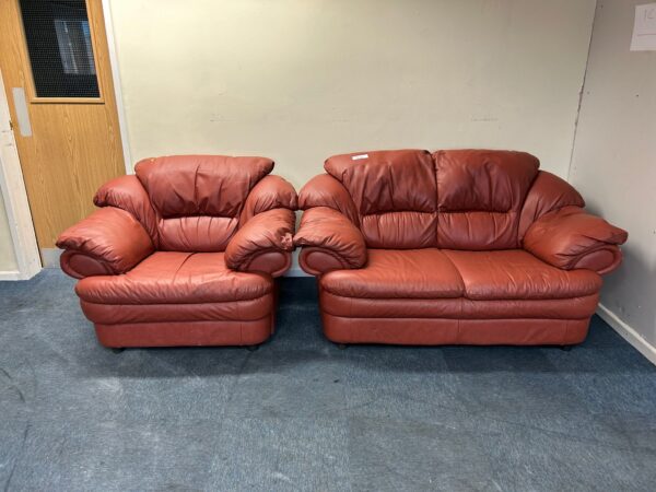Lobster Terracotta Leather 2 and 1 Seater Sofa and Chair