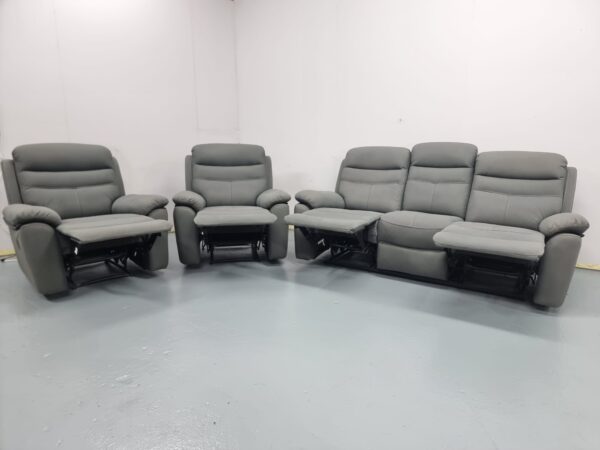 Dunelm Grey Suede 3 Piece Suite Manual Recliner Sofa and Chairs - Image 5