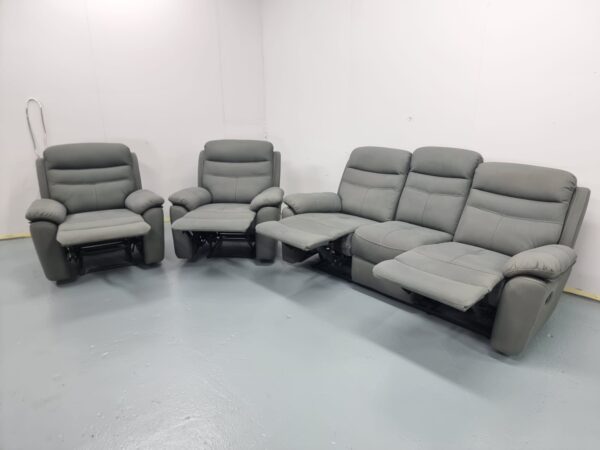 Dunelm Grey Suede 3 Piece Suite Manual Recliner Sofa and Chairs - Image 4