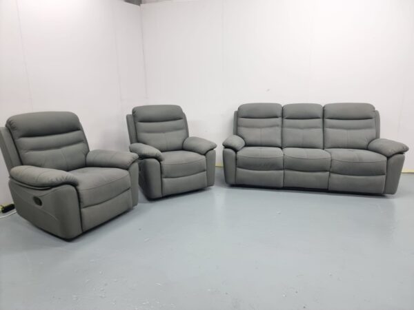 Dunelm Grey Suede 3 Piece Suite Manual Recliner Sofa and Chairs - Image 2