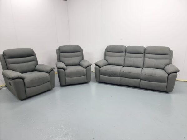 Dunelm Grey Suede 3 Piece Suite Manual Recliner Sofa and Chairs