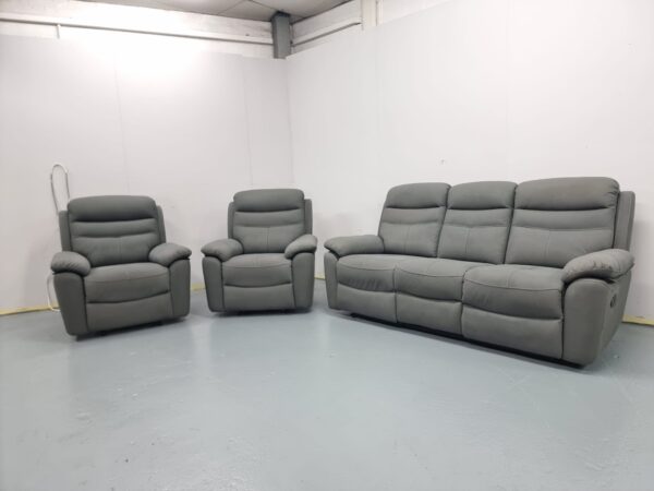 Dunelm Grey Suede 3 Piece Suite Manual Recliner Sofa and Chairs - Image 3