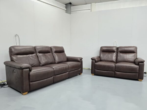 Dfs Brown Leather 3 and 2 Seater Electric Recliner Sofas - Image 3