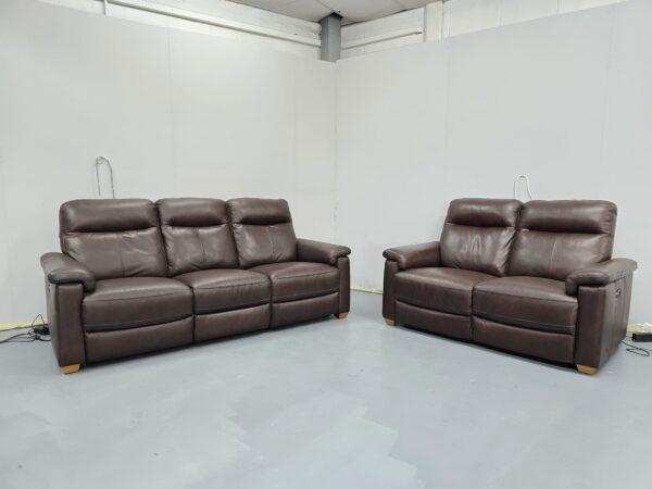 Dfs Brown Leather 3 and 2 Seater Electric Recliner Sofas