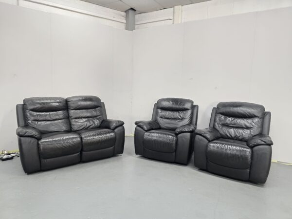 Black Leather 3 Piece Suite Manual Recliner Sofa and Chairs