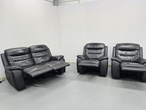 Black Leather 3 Piece Suite Manual Recliner Sofa and Chairs - Image 7