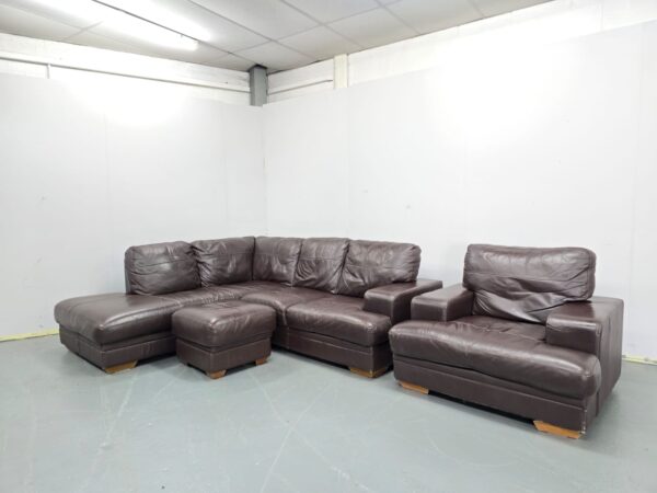 Brown Leather L Shape Corner Sofa and Chair with Footstool - Image 2