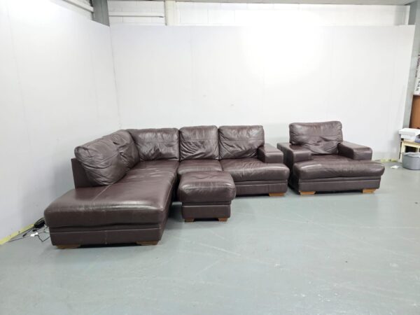Brown Leather L Shape Corner Sofa and Chair with Footstool - Image 3